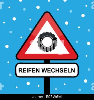 winter car tire in a triangle road sign with change tires typography vector illustration Stock Vector