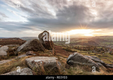 beautiful landscape photograph of a sunset at Curbar Edge, Peak District National Park, Derbyshire, England October 2018 Stock Photo