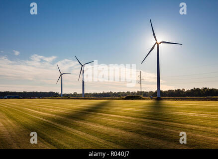 Backlit wind turbines with shadows on a green field. Stock Photo