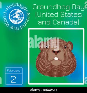 Groundhog Day. National holiday in the USA and Canada. Calendar. Holidays Around the World. Event of each day. Green blur background - name, date illustration Stock Vector