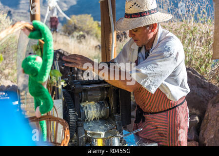 Farm man squeeze out sugar cane juice at festival Veneguera city, Gran Canaria, Spain Stock Photo