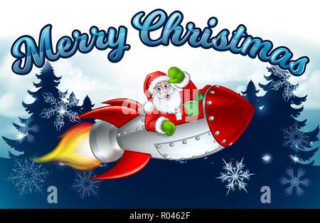 Santa Claus Rocket Merry Christmas Forest Cartoon Stock Vector