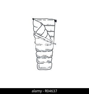 Sleeping black bag icon. Line art hiking equipment pictogram. Isolated on white background Stock Vector
