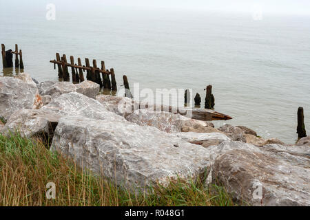 Rock armour and wooden groynes Stock Photo