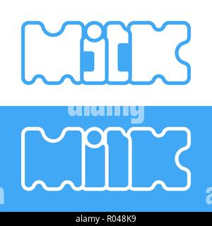 Text milk isolated on a blue and white background. Conceptual product logo. Simple flat vector illustration, eps 10. Stock Vector