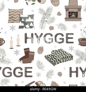 Vector seamless pattern with hygge lettering and cozy things. Stock Vector