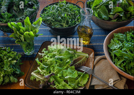 A variety of freshly picked leafy greens ready for salad making and eating. Stock Photo