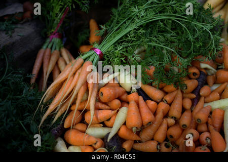 Close up of bunch of carrots on a market stall Stock Photo