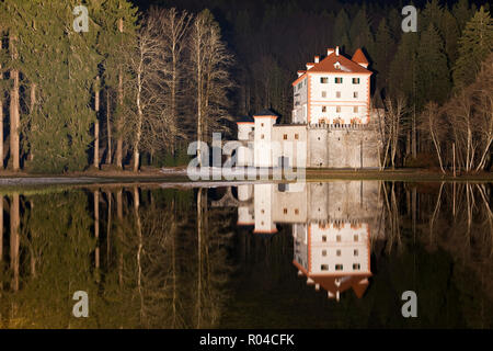Sneznik Castle reflected in winter floodwater, near Kozarisce, Notranjska, Slovenia Stock Photo