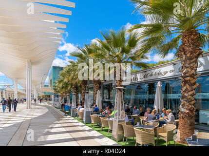 Malaga, Spain. Restaurant on Paseo del Muelle Uno in the port area, Malaga, Costa del Sol, Andalucia, Spain Stock Photo