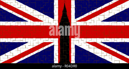 The London landmark Big Ben Clocktower in silhouette over a Union Flag, more often called the Union Jack with a wall tile effect Stock Photo