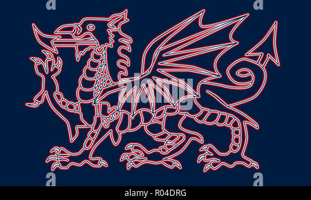 The Welsh Dragon in black, red and white and over a blue background.