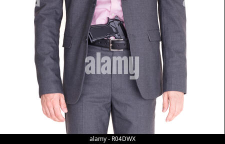 Man in suit with gun, handgun, isolated on white Stock Photo