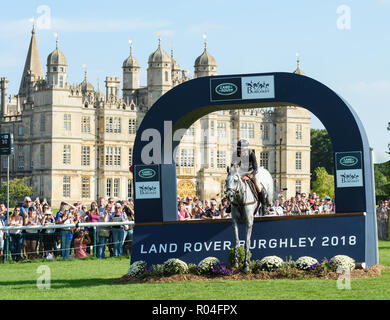 Andrew Nicholson and SWALLOW SPRINGS during the cross country phase of the Land Rover Burghley Horse Trials 2018