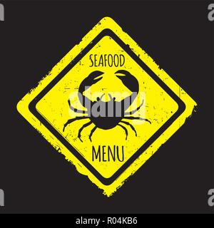 Seafood menu label with crab,yellow on black background. hand drawn,vector illustration. Stock Vector