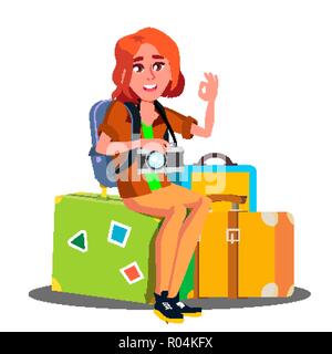 Happy Girl Sitting On Pile Of Suitcases Ready To Travel Vector. Isolated Illustration Stock Vector