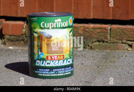 Tin of Cuprinol Ducksback Wood Preservative, UK Stock Photo