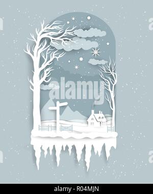 Winter night paper cut Stock Vector