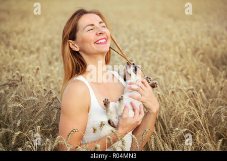 Woman with Jack Russell terrier puppy on her hands, wheat field in background, dog is restless and chewing the hair instead of posing. Stock Photo