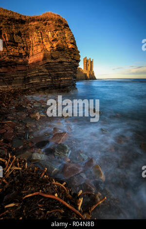 Old Keiss Castle ruins by the coast of North Sea, nerthern parts of scottish Highlands, Scotland. Stock Photo