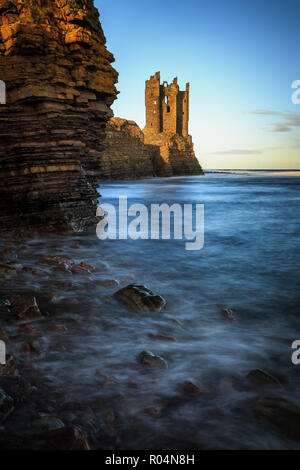 Old Keiss Castle ruins by the coast of North Sea, nerthern parts of scottish Highlands, Scotland. Stock Photo