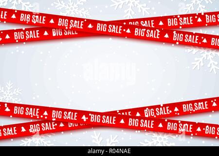 Red ribbons for Christmas sale on light blue background. Fallin snowflakes. Big sale. Graphic elements. Vector illustration. EPS 10 Stock Vector