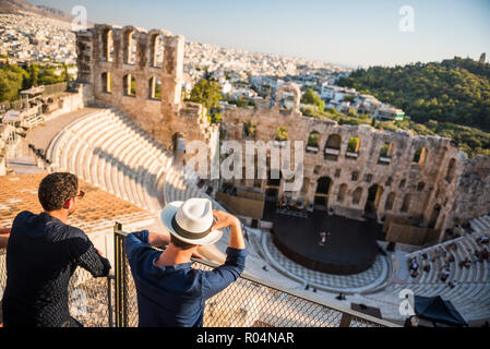 Tourists at Odeon of Herodes Atticus Theatre, by the Acropolis, UNESCO World Heritage Site, Athens, Attica Region, Greece, Europe Stock Photo