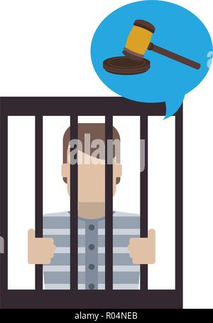 Prisoner in jail and gavel inside bubble vector illustration graphic design Stock Vector