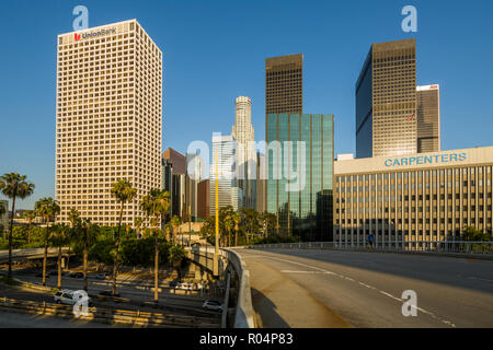 View of Downtown skyline during golden hour, Los Angeles, California, United States of America, North America Stock Photo