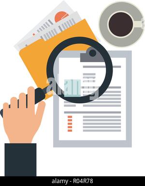 Businessman hand checking with magnifying glass documents vector illustration graphic design Stock Vector
