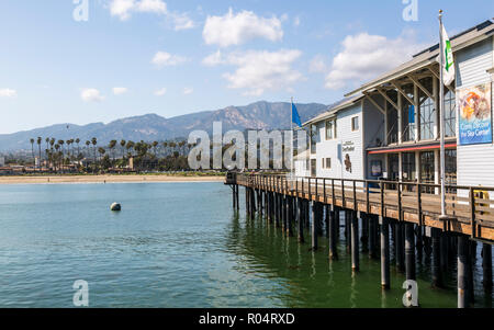 View of Santa Barbara beach, Malibu Mountains from Santa Barbara pier, California, United States of America, North America Stock Photo