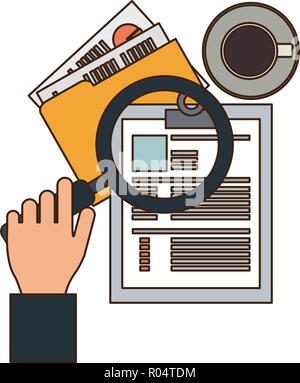 Businessman hand checking with magnifying glass documents vector illustration graphic design Stock Vector