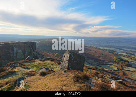 A misty autumnal day on Curbar Edge in the Derbyshire Peak District. Stock Photo