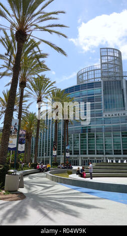 Palm trees cast exotic shadows on walkway to the Anaheim Convention Center Stock Photo