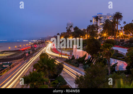 View of Pacific Coastal Highway at dusk, Santa Monica, Los Angeles, California, United States of America, North America Stock Photo