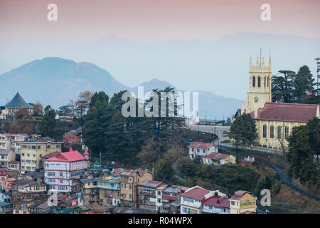 View of city looking towards the Ridge and Christ Church, Shimla (Simla), Himachal Pradesh, India, Asia Stock Photo