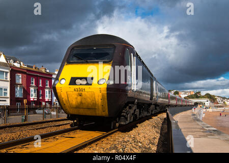 DAWLISH, DEVON, UK - 26OCT2018: GWR Class 43 High Speed Train 43301, south of Dawlish Train Station. Stock Photo