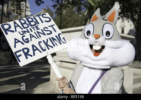 London, Greater London, UK. 31st Oct, 2018. Environmental activists seen wearing a rabbit costume while holding a placard during the protest.The newly formed Extinction Rebellion group, concerned about climate change, calls for a peaceful mass civil disobedience to highlight politicians' lack of commitment and action regarding environmental issues. Activists gathered at the Parliament Square and blocked the road for two hour. The protest included speakers such as Greta Thunberg, Caroline Lucas, and George Monbiot. According to Extinction Rebellion 15 people were arrested in Stock Photo