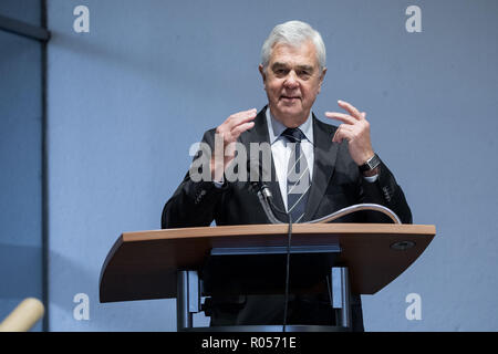 Hamburg, Germany. 02nd Nov, 2018. Frank Horch, former Senator for Economics, Transport and Innovation of the Hanseatic City, says goodbye to the employees of the economic authority at the handover of office to his successor Westhagemann (independent). Credit: Christian Charisius/dpa/Alamy Live News Stock Photo