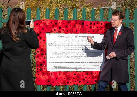 Poppy Road 1st to 11th November, 2018. Andy Street, Mayor of West Midlands is interviewed in front of a remembrance tribute from one generation to another, Aldridge, Walsall, UK Stock Photo