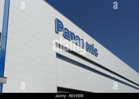 01 November 2018, Japan, Fukuoka: Logo of the Japanese electronics company Panasonic on a factory building. Here in Fukuoka, the Group manufactures surveillance cameras and smaller electronic devices, among other things. Photo: Christoph Dernbach/dpa Stock Photo