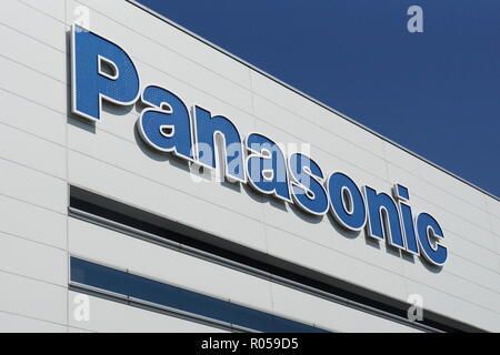 01 November 2018, Japan, Fukuoka: Logo of the Japanese electronics company Panasonic on a factory building in Fukuoka. Here in Fukuoka, the Group manufactures surveillance cameras and smaller electronic devices, among other things. Photo: Christoph Dernbach/dpa Stock Photo