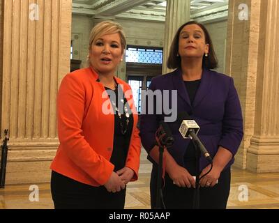 Stormont, Belfast, UK. 2nd Nov 2018. Sinn Féin leader Mary Lou McDonald TD and deputy leader Michelle O’Neill MLA speak to the media in the Great Hall at Stormont, Belfast, Friday, November 2nd, 2018, following a meeting with the British government’s Brexit Secretary Dominic Raab. Sinn Féin has accused the government of acting 'in bad faith' over Brexit and warned the border issue is not a 'footnote'. Party President Mary Lou McDonald was speaking following a meeting with Brexit secretary Dominic Raab. Credit: Irish Eye/Alamy Live News Stock Photo