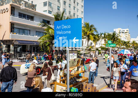 Miami Beach Florida,Ocean Drive,Art Deco Weekend,architecture,architectural,festival,event,celebration,parade,crowd,classic car cars,vintage,sign,logo Stock Photo