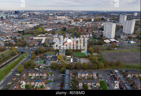 An aerial view of the busy suburbs of Englands second city Birmingham.  The Balsall Heath area is a multi ethnic residential and industrial area. Stock Photo