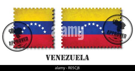 Venezuela or Venezuelan flag pattern postage stamp with grunge old scratch texture and affix a seal on isolated background . Black country name with a Stock Vector