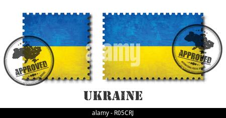 Ukraine or Ukrainian flag pattern postage stamp with grunge old scratch texture and affix a seal on isolated background . Black color country name wit Stock Vector