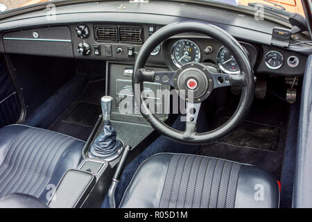 Steering wheel and dashboard of a classic 1972 MG MGB Roadster sports car Stock Photo
