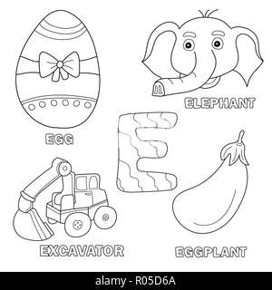 Kids alphabet coloring book page with outlined clip arts. Letter E Stock Vector