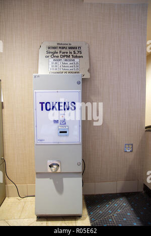 DETROIT, MICHIGAN, UNITED STATES - MAY 22nd, 2018: Detoit People Mover ticket machine. Get a token for the elevated monorail which is one of many public modes of transportation in the city Stock Photo